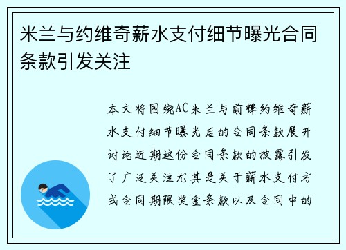米兰与约维奇薪水支付细节曝光合同条款引发关注 米兰与约维奇薪水支付细节曝光合同条款引发关注