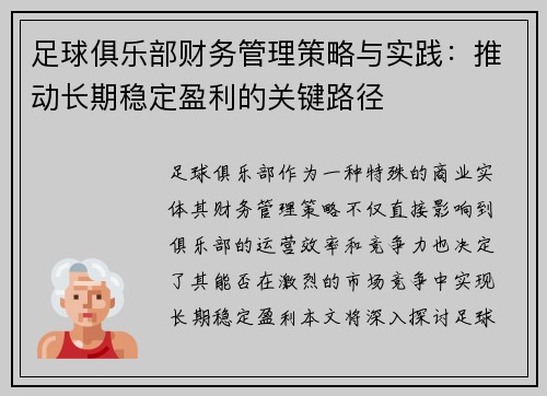 足球俱乐部财务管理策略与实践:推动长期稳定盈利的关键路径 足球俱乐部财务管理策略与实践:推动长期稳定盈利的关键路径